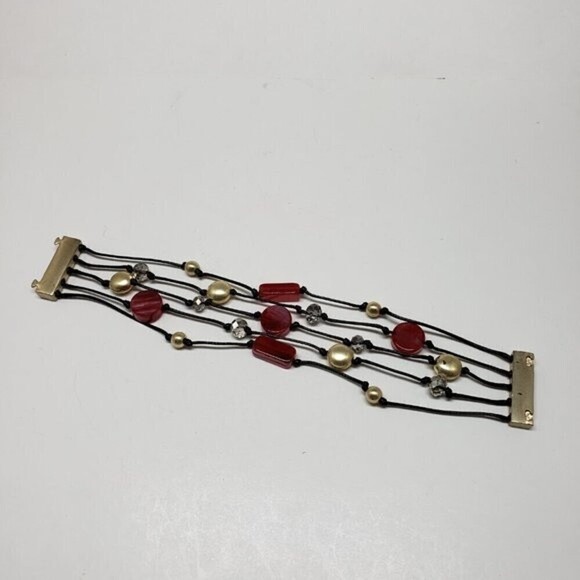 Women's Layered Black cord, Gold tone, Red & Clear Beads Bracelet, magnetic lock - Picture 8 of 10
